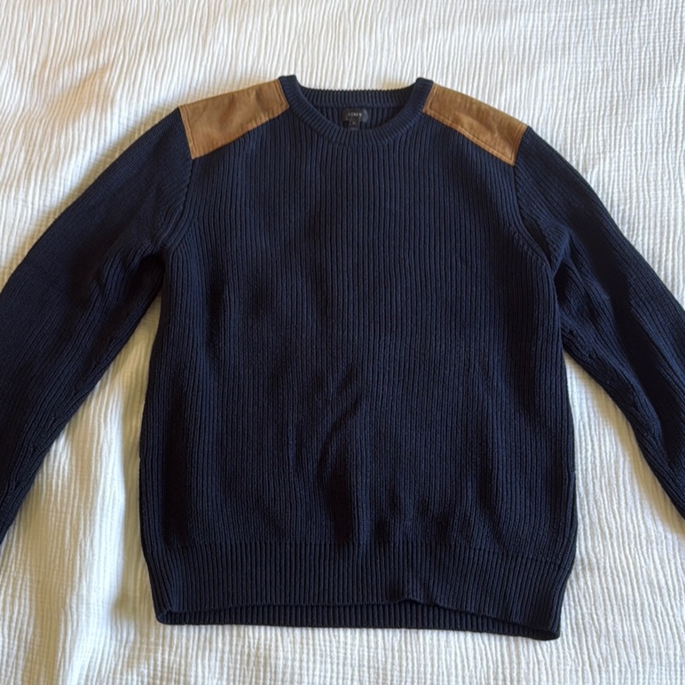J. Crew Navy and Brown Crewneck Sweater with Suede Patches
